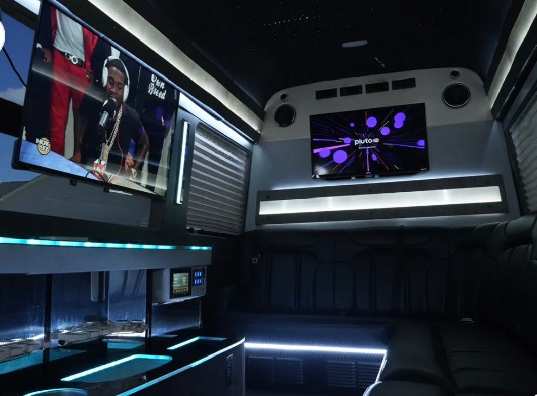 Party bus interior with blue lights