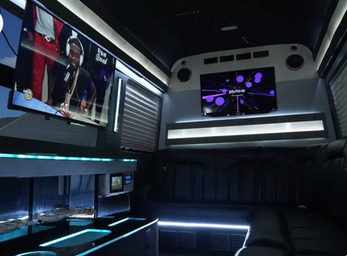 Party bus interior with blue lights